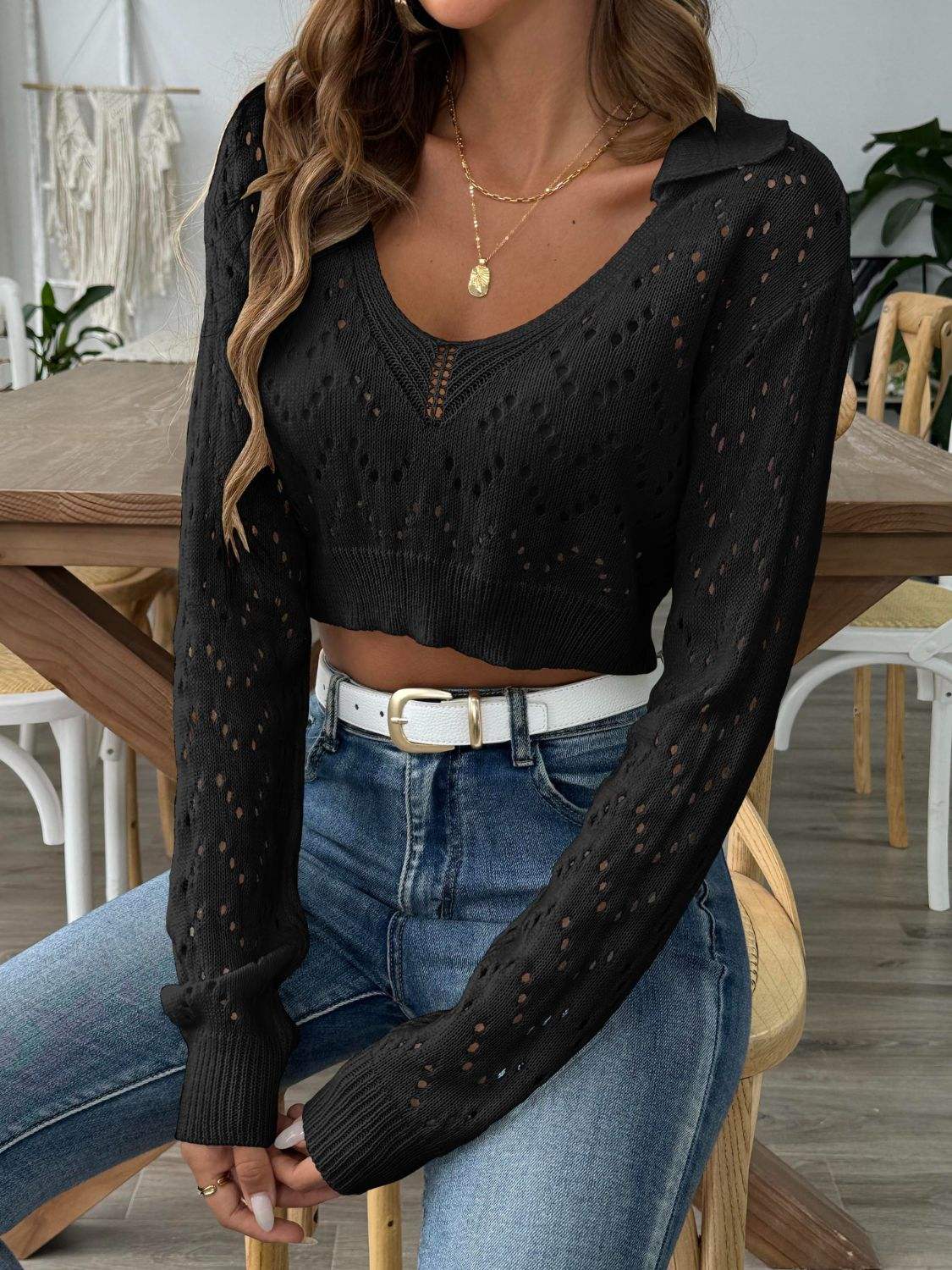 Openwork Collared Neck Long Sleeve Knit Top - Trendsi - Flyclothing LLC