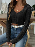 Openwork Collared Neck Long Sleeve Knit Top - Trendsi