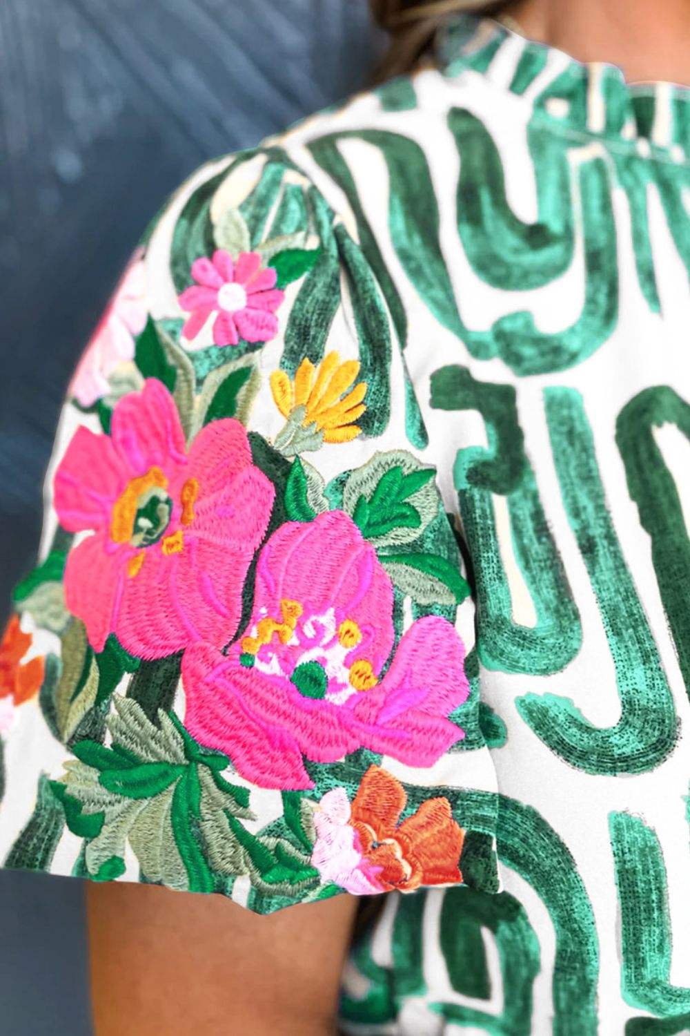 Embroidered Printed Mock Neck Short Sleeve Blouse - Trendsi - Flyclothing LLC