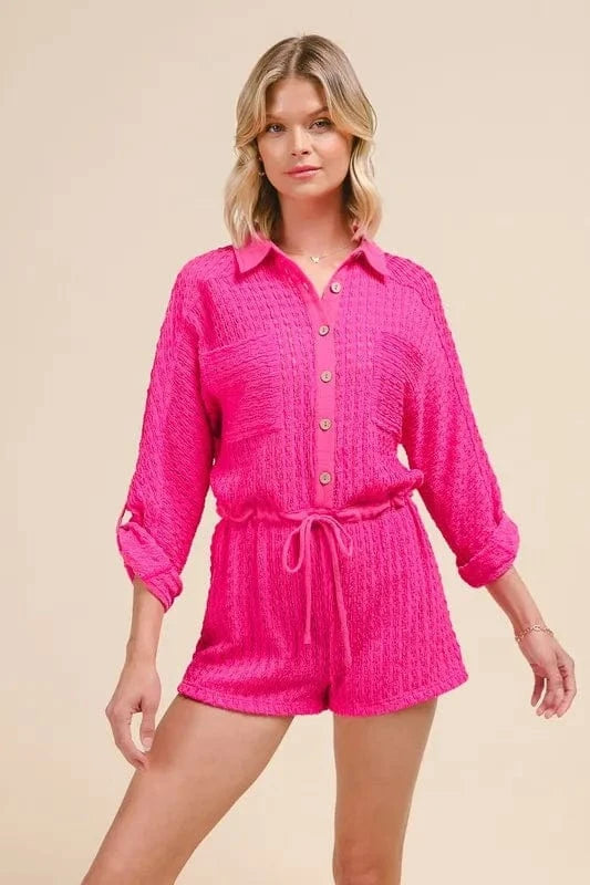 SO ME Textured Knit Button Front Romper - Trendsi