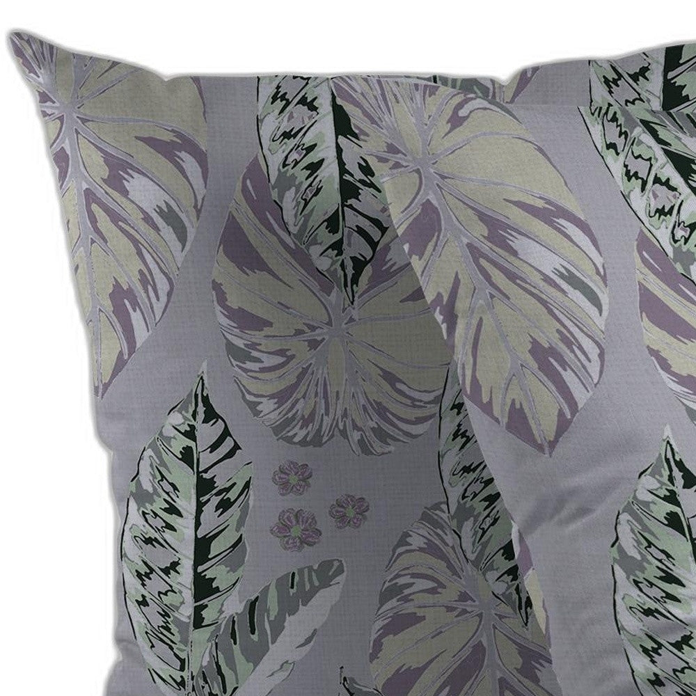 16” Gray Purple Tropical Leaf Indoor Outdoor Throw Pillow
