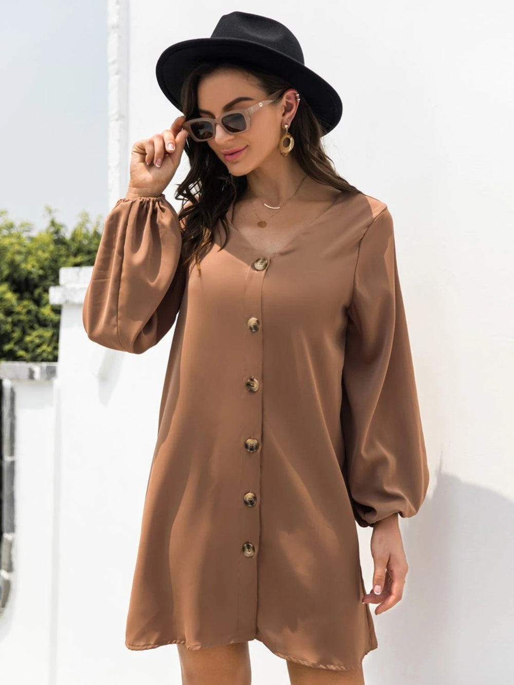 V-Neck Long Sleeve Mini Dress - Trendsi