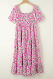 Plus Size Smocked Printed Square Neck Short Sleeve Dress - Trendsi