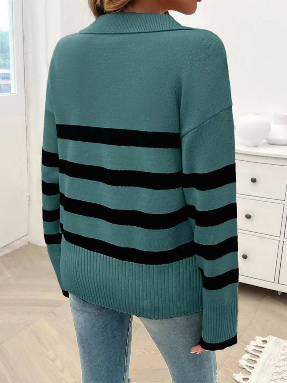 Striped Collared Neck Long Sleeve Sweater - Trendsi - Flyclothing LLC