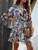 Ruffled Printed Surplice Half Sleeve Mini Dress - Trendsi - Flyclothing LLC