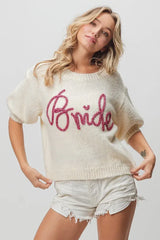 BiBi Metallic Letter Short Puff Sleeve Hairy Sweater - Trendsi - Flyclothing LLC