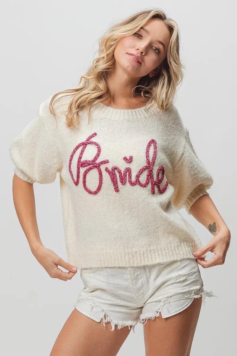 BiBi Metallic Letter Short Puff Sleeve Hairy Sweater - Trendsi - Flyclothing LLC
