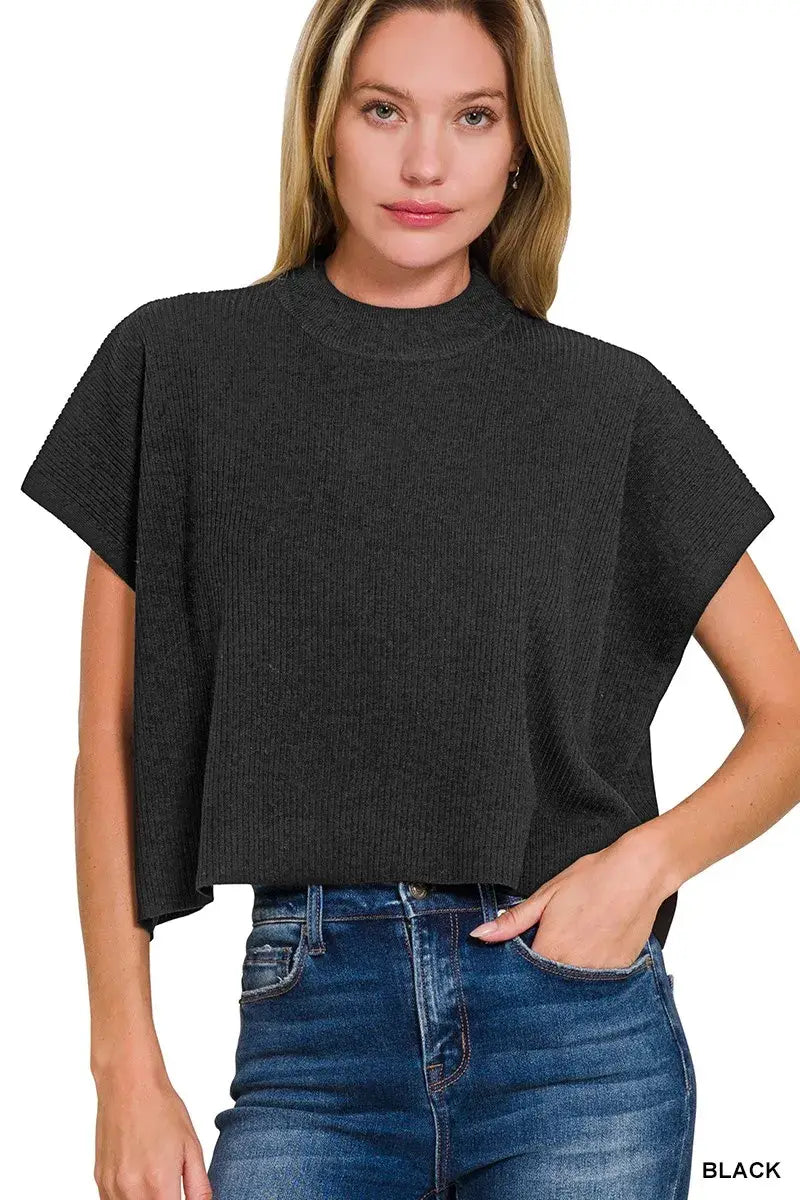 Zenana Viscose Mock Neck Short Sleeve Boxy Sweater - Trendsi - Flyclothing LLC