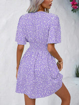 Printed V-Neck Half Sleeve Mini Dress - Trendsi - Flyclothing LLC