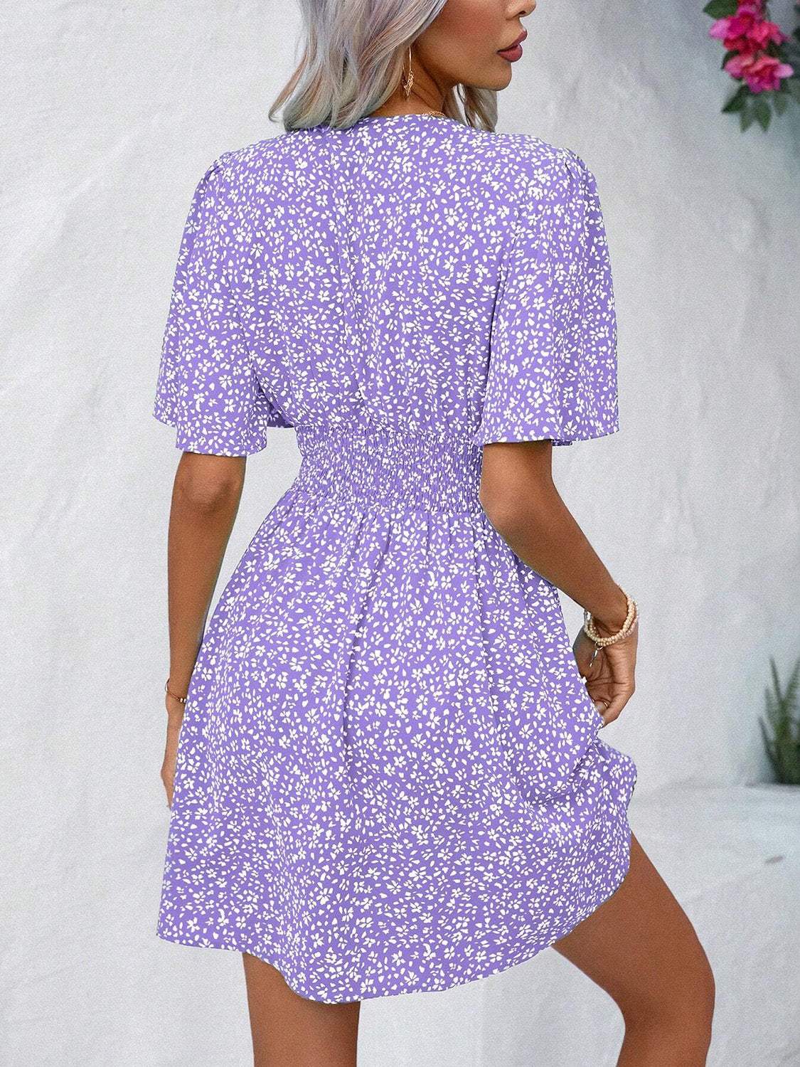 Printed V-Neck Half Sleeve Mini Dress - Trendsi - Flyclothing LLC