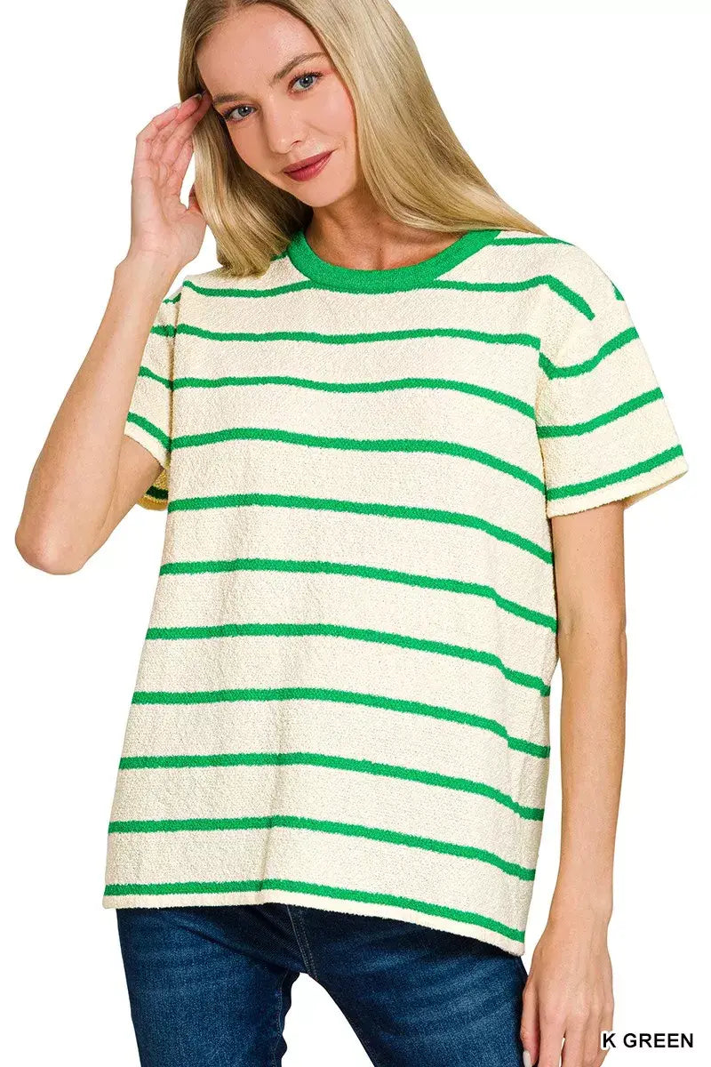 Zenana Textured Striped Crew Neck T-Shirt - Trendsi - Flyclothing LLC