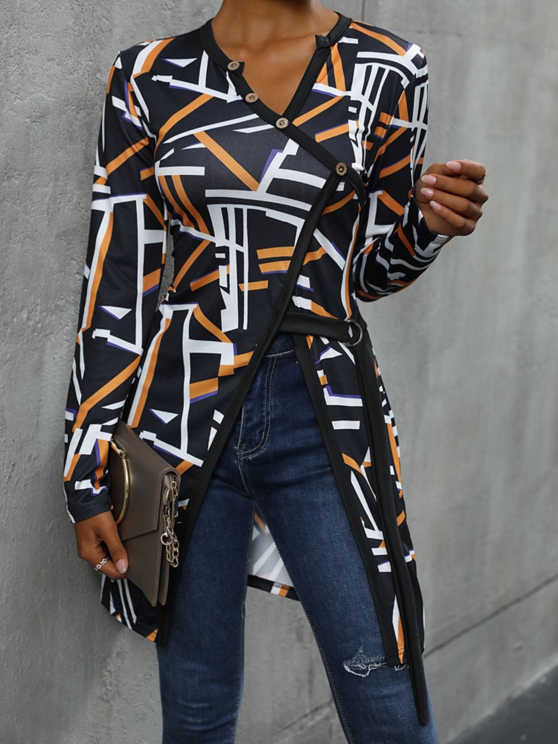 Geometric Surplice Long Sleeve T-Shirt - Trendsi