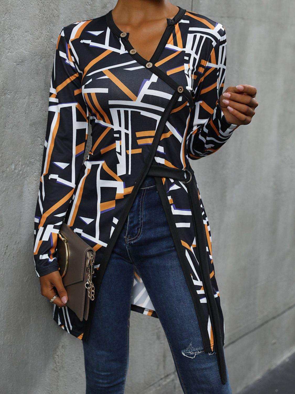 Geometric Surplice Long Sleeve T-Shirt - Trendsi - Flyclothing LLC
