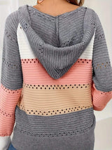 Lace-Up Contrast Long Sleeve Hooded Sweater - Trendsi - Flyclothing LLC