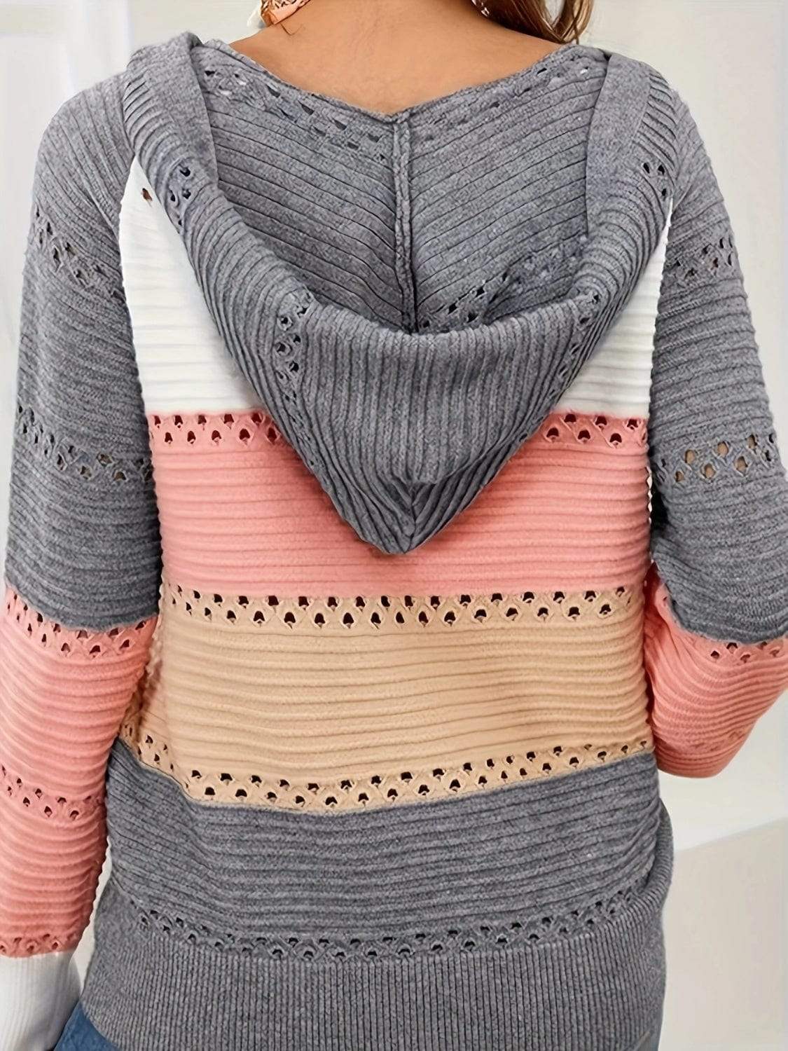 Lace-Up Contrast Long Sleeve Hooded Sweater - Trendsi - Flyclothing LLC