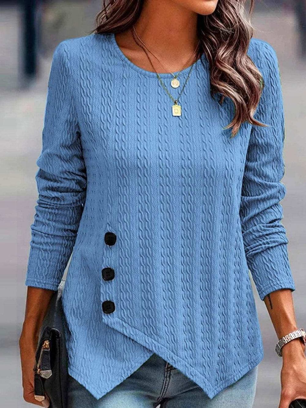 Decorative Button Round Neck Long Sleeve Top - Trendsi - Flyclothing LLC
