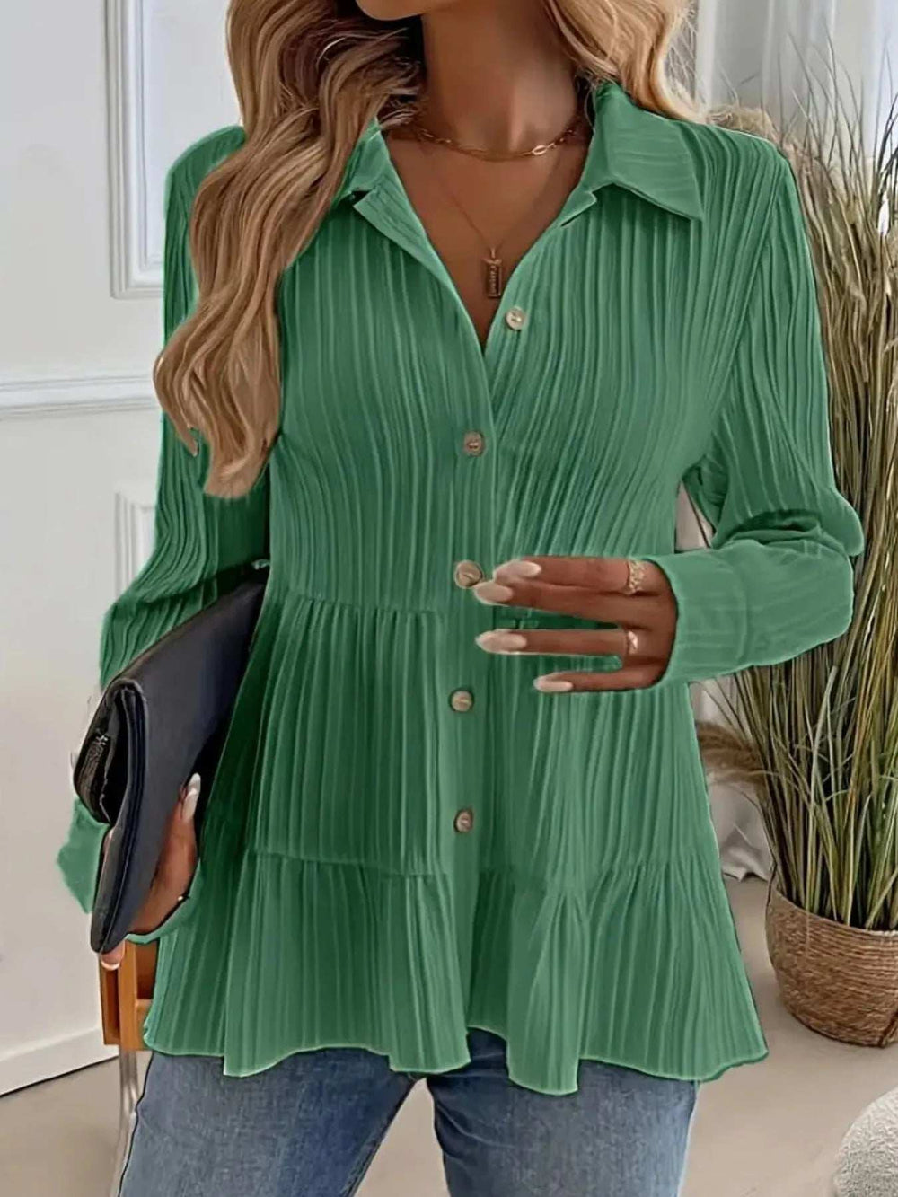 Striped Button-Down Tiered Shirt - Trendsi - Flyclothing LLC