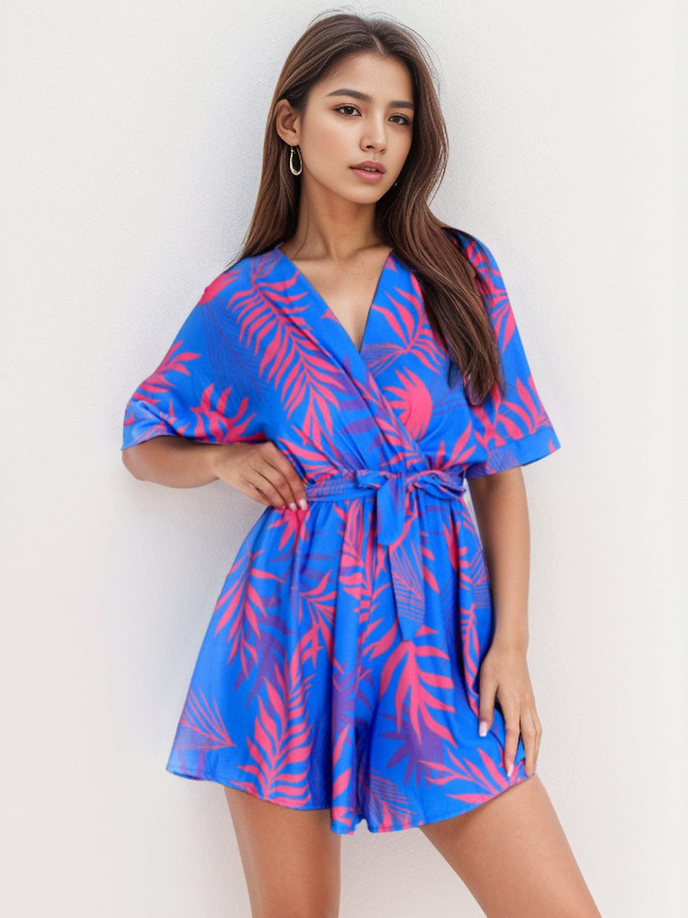 Printed Surplice Half Sleeve Romper - Trendsi