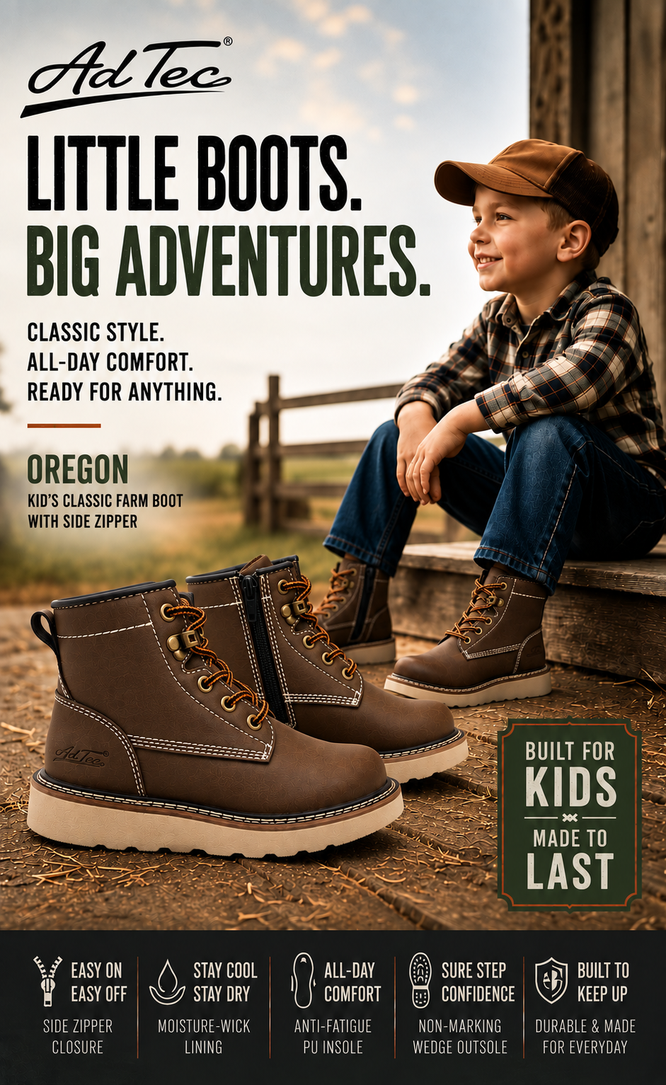 AdTec Oregon Kids' Farm Boot with Side Zipper Brown - product features graphic