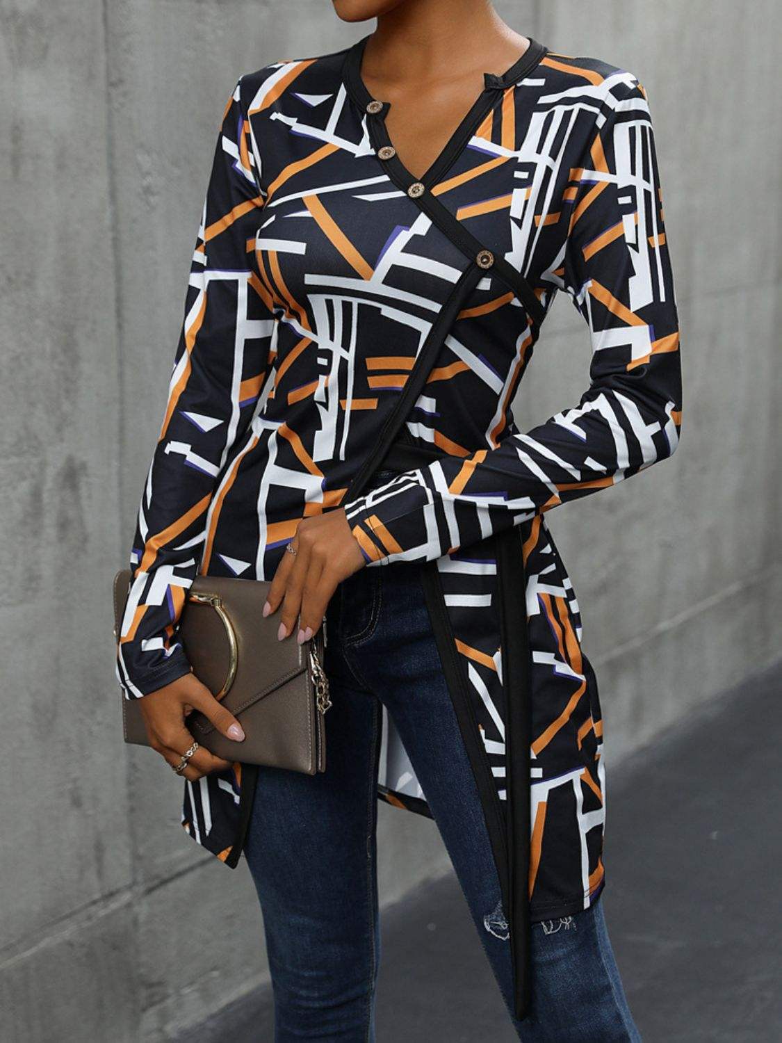 Geometric Surplice Long Sleeve T-Shirt - Trendsi - Flyclothing LLC