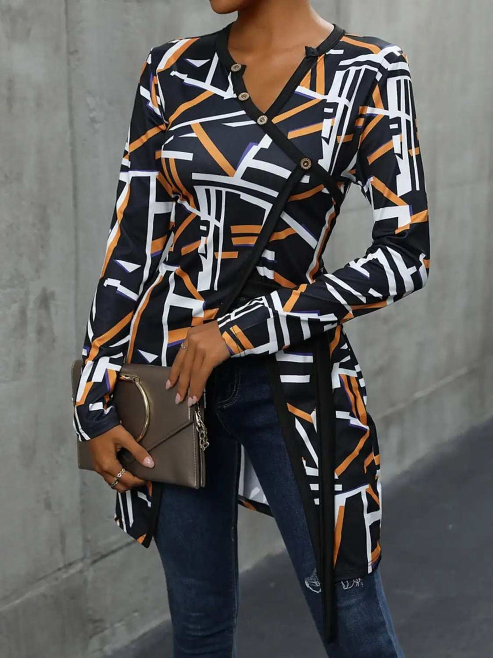 Geometric Surplice Long Sleeve T-Shirt - Trendsi - Flyclothing LLC