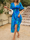 Printed Puff Sleeve Midi Dress - Trendsi - Flyclothing LLC