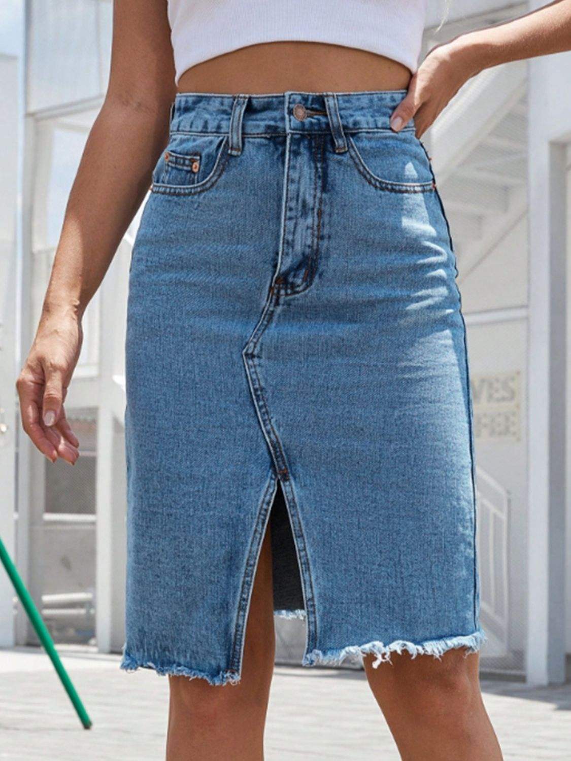 Raw Hem Slit Denim Skirt - Trendsi - Flyclothing LLC