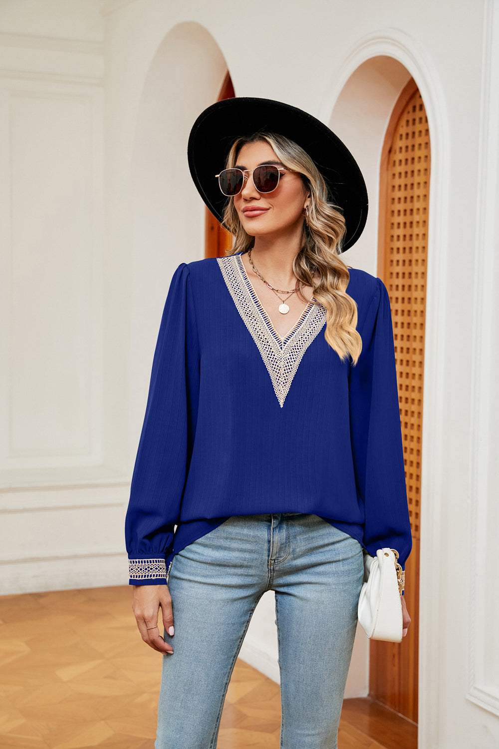 Contrast Puff Sleeve Blouse - Trendsi - Flyclothing LLC