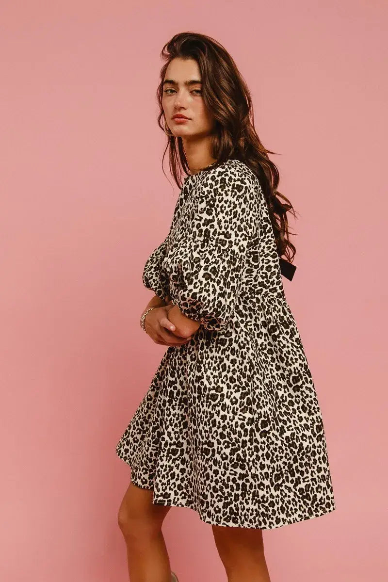 BiBi Leopard Denim Dress With Back Contrast Tie Detail - Trendsi - Flyclothing LLC