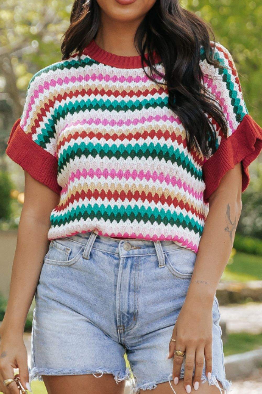Contrast Round Neck Short Sleeve Sweater - Trendsi - Flyclothing LLC