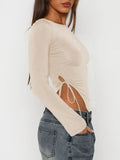 Tied Slit Round Neck Long Sleeve T-Shirt - Trendsi