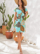 Drawstring Printed V-Neck Mini Dress - Trendsi - Flyclothing LLC