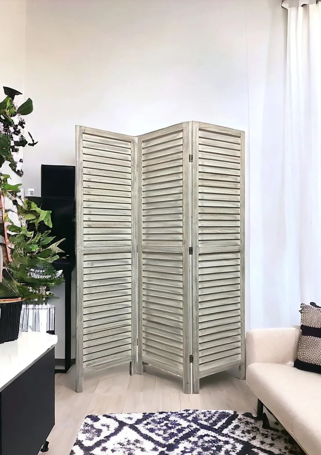 Stylish Three Panel Washed White Shutter Divider Screen - Homeroots - Flyclothing LLC