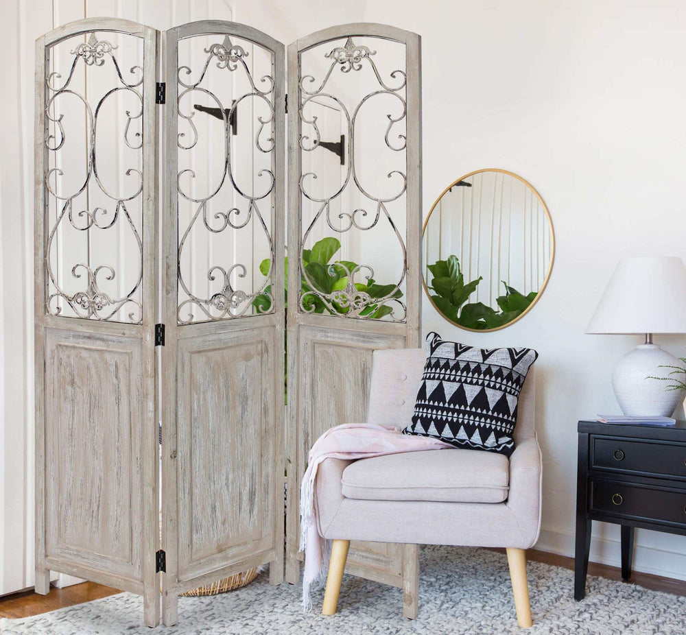 Romantic Whitewashed Scroll Three Panel Room Divider Screen - Homeroots - Flyclothing LLC
