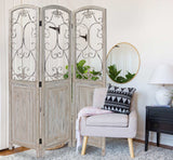 Romantic Whitewashed Scroll Three Panel Room Divider Screen - Homeroots - Flyclothing LLC