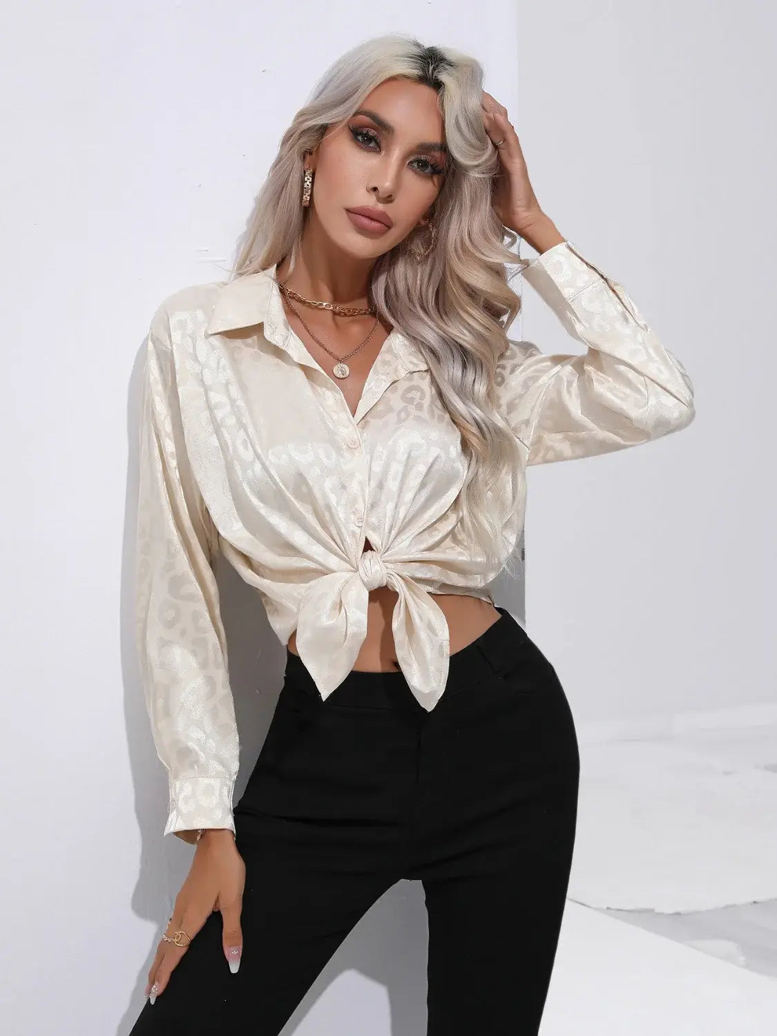 Leopard Collared Neck Long Sleeve Shirt - Trendsi - Flyclothing LLC