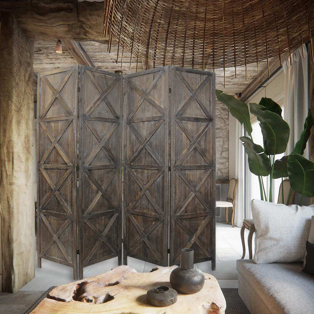 Modern Farmhouse Rustic Four Panel Room Divider Screen - Homeroots - Flyclothing LLC