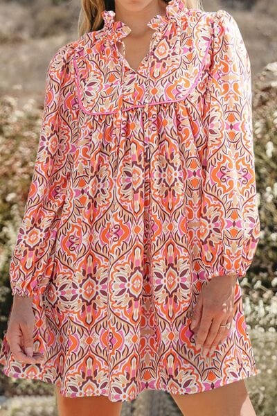 Printed Tie Neck Long Sleeve Mini Dress - Trendsi