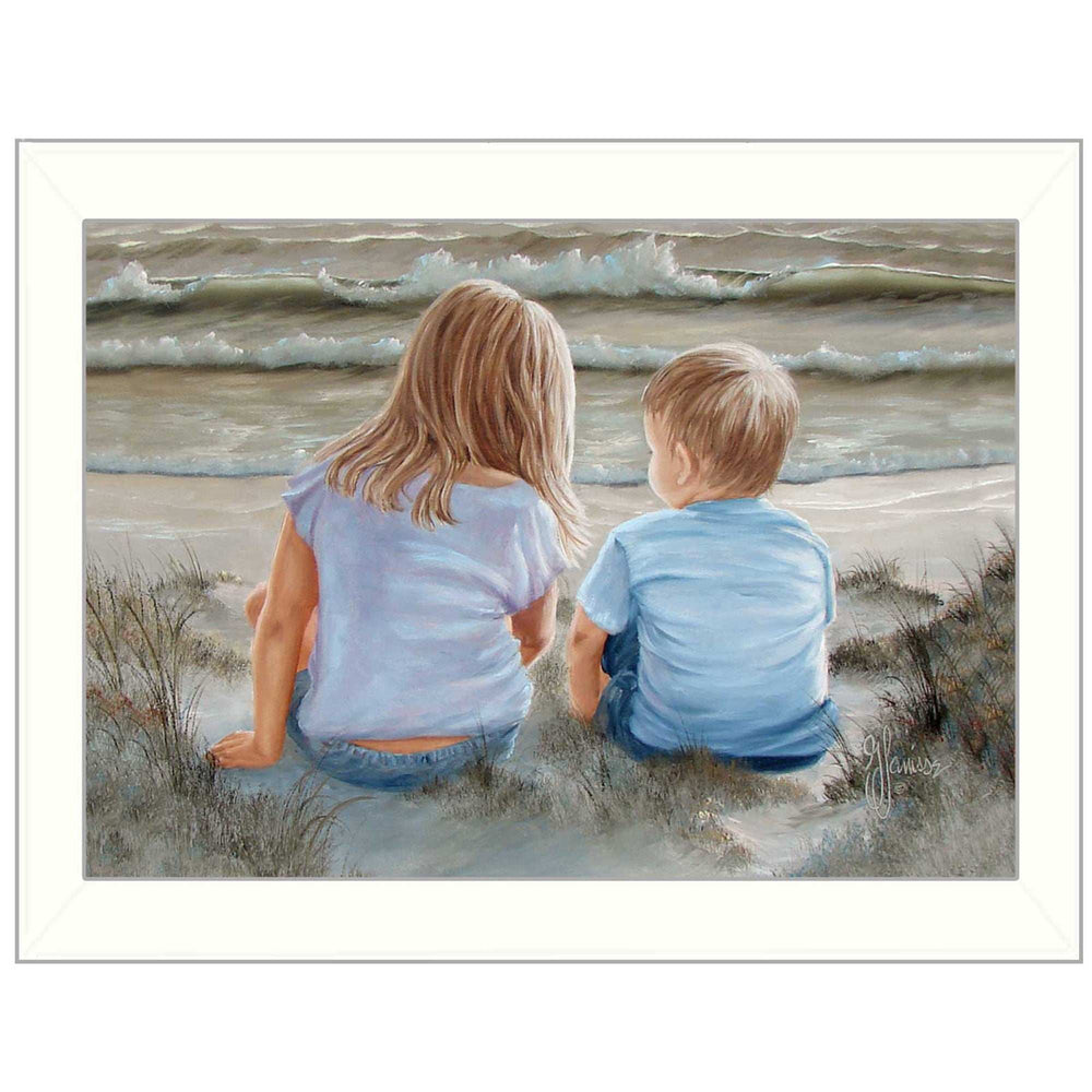 Boy and Girl Sitting White Framed Print Wall Art - Homeroots - Flyclothing LLC