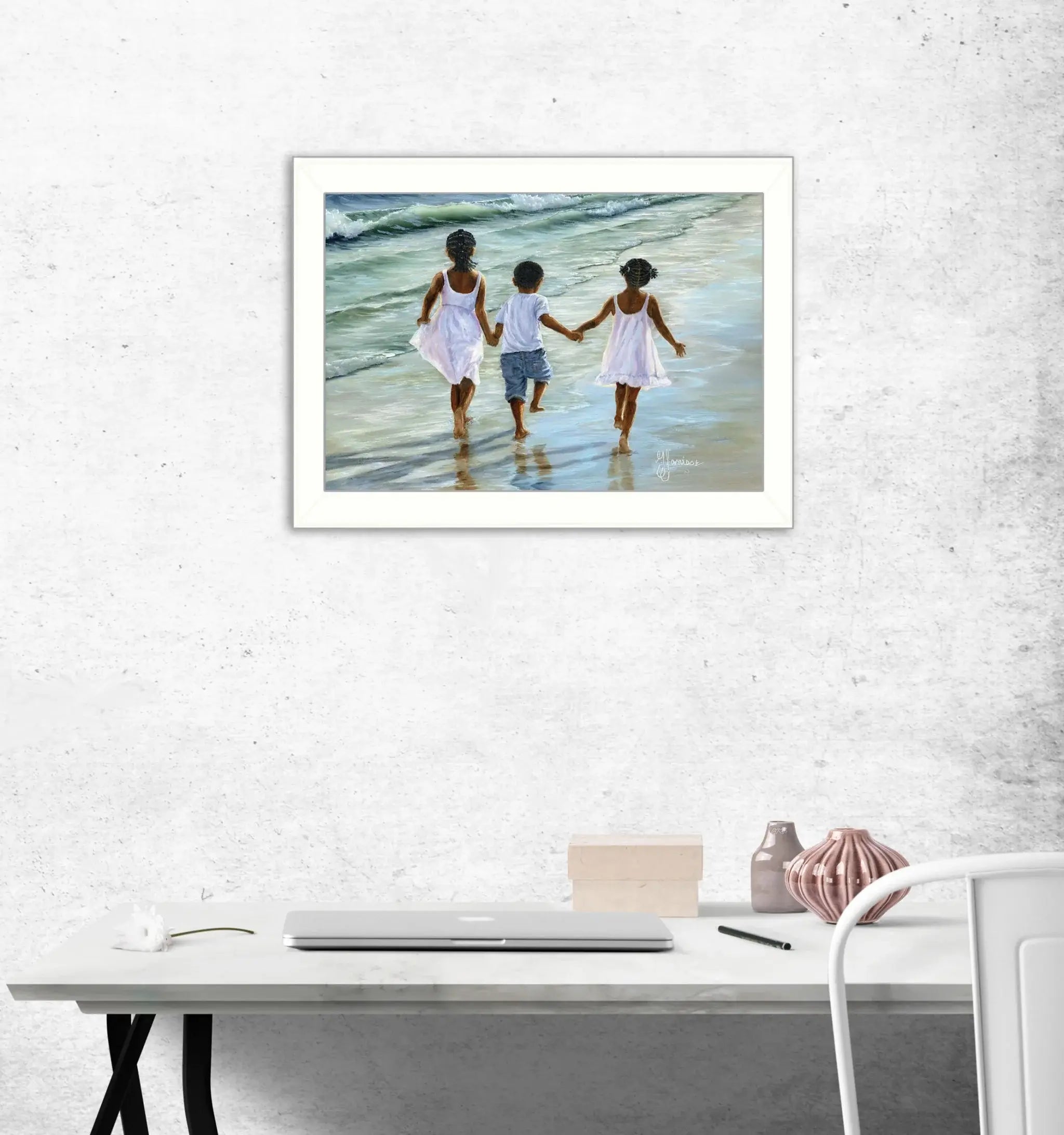 Running on the Beach 1 White Framed Print Wall Art - Homeroots - Flyclothing LLC