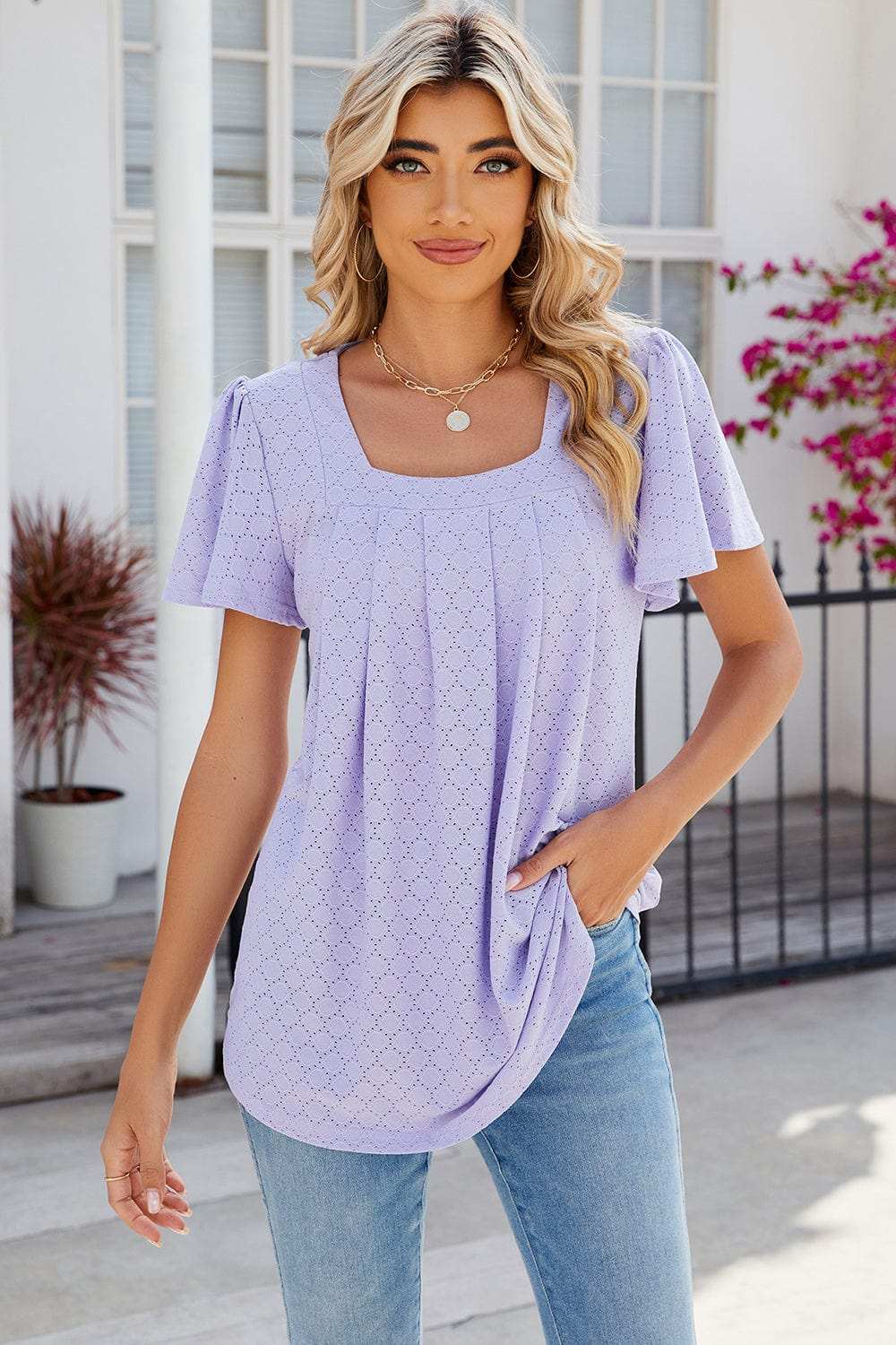 Eyelet Square Neck Flutter Sleeve Blouse - Trendsi - Flyclothing LLC