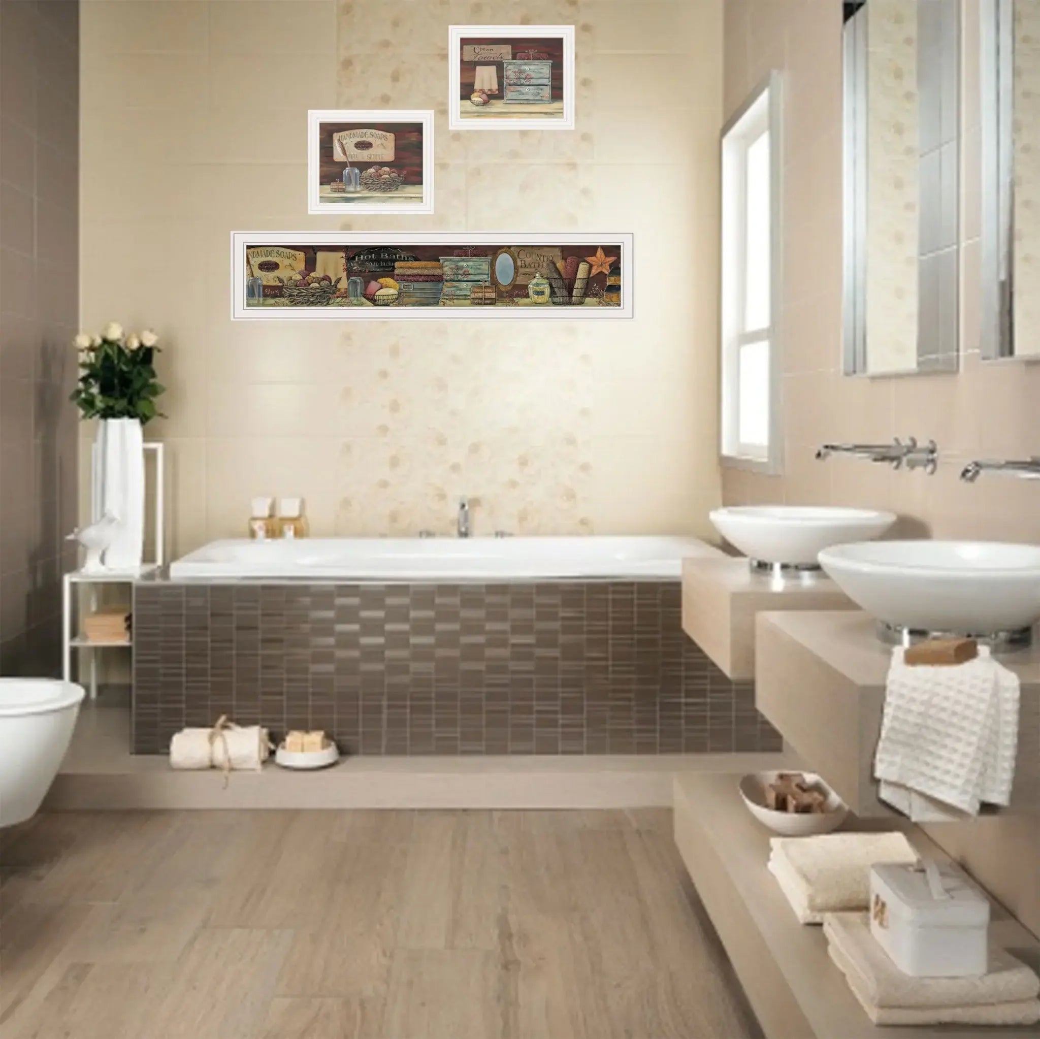 Set Of Three COUNTRY BATH White Framed Print Bathroom Wall Art - Homeroots - Flyclothing LLC
