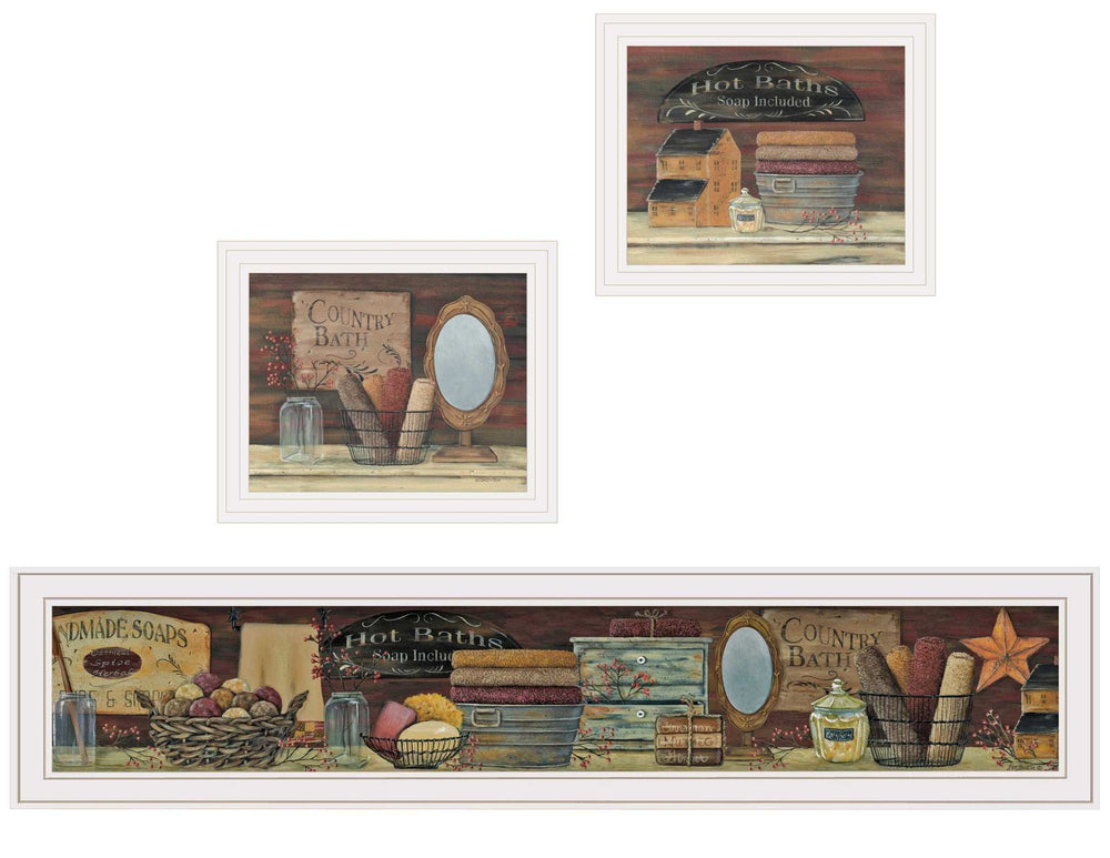 Set Of Three COUNTRY BATH White Framed Print Bathroom Wall Art - Homeroots - Flyclothing LLC