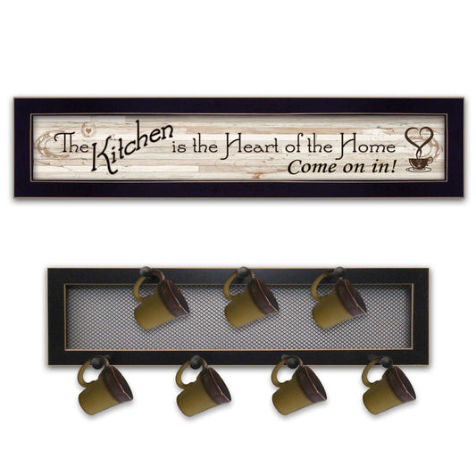 Set Of Two Heart Of The Home Black Framed Kitchen Wall Art With Seven Peg Mug Rack - Homeroots - Flyclothing LLC
