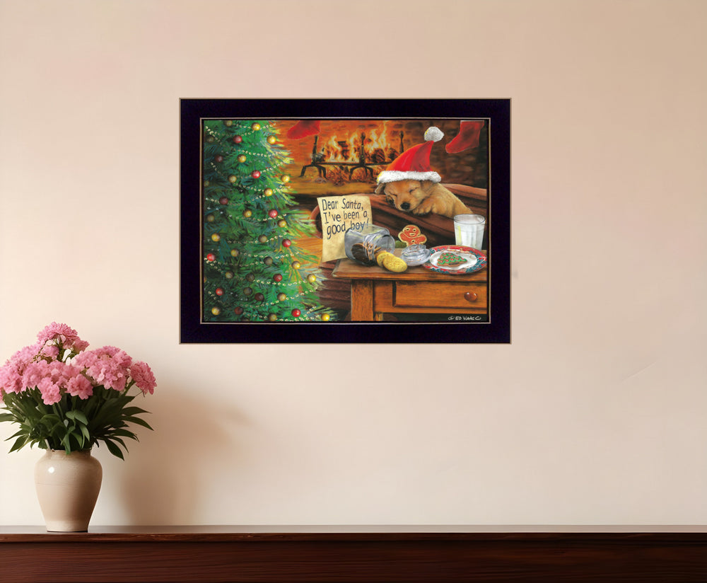 Christmas Eve Puppy Black Framed Print Wall Art - Homeroots