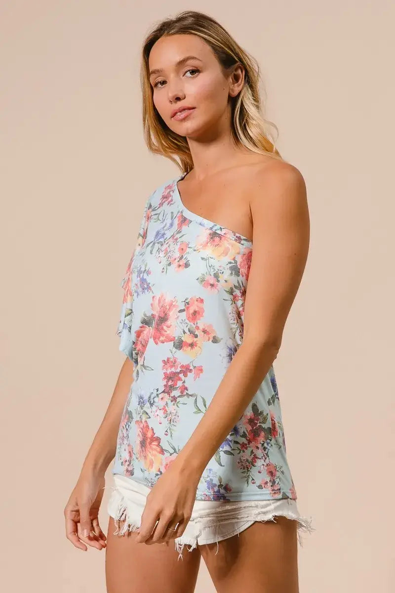 BiBi Floral Printed Jersey Knit Ruffle Sleeve Top - Trendsi - Flyclothing LLC