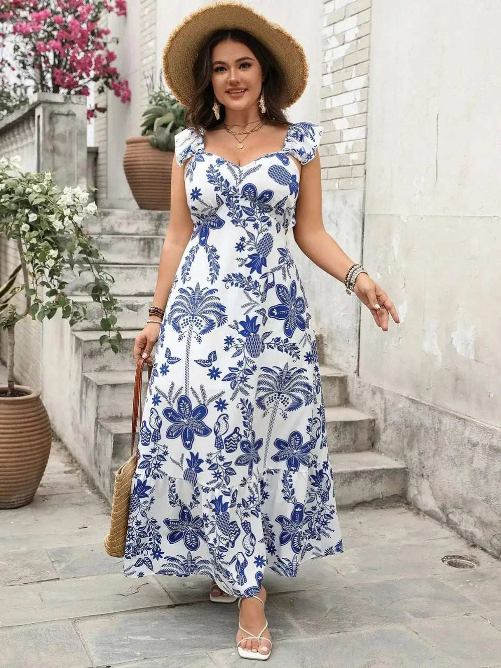 Plus Size Ruffled Printed Sweetheart Neck Maxi Cami Dress - Trendsi - Flyclothing LLC
