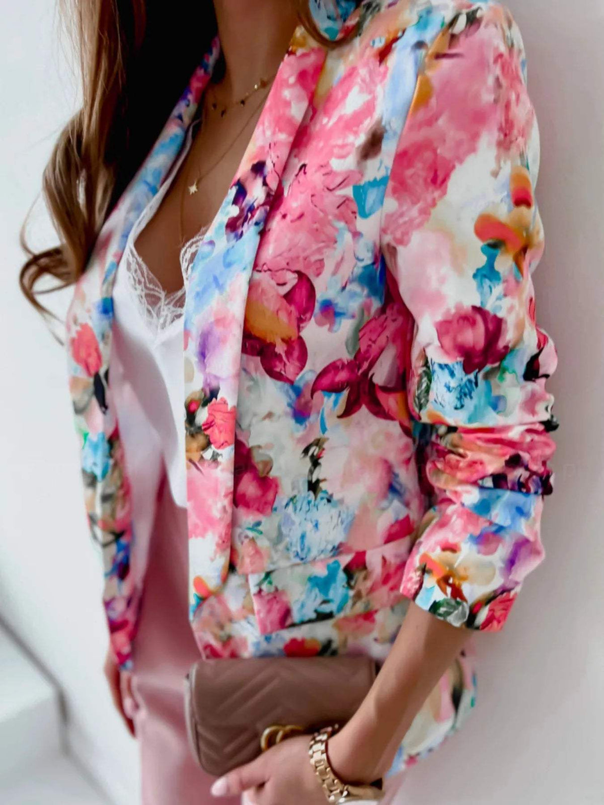 Vibrant Floral Print Open Front Blazer - Trendsi - Flyclothing LLC
