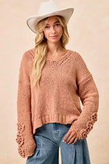 BiBi Chunky Knit Sweater with Flower Detail Sleeves - Trendsi - Flyclothing LLC