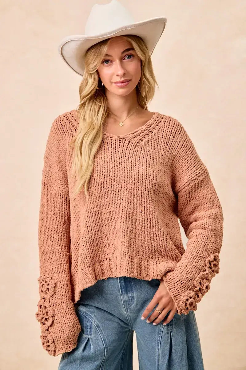 BiBi Chunky Knit Sweater with Flower Detail Sleeves - Trendsi - Flyclothing LLC